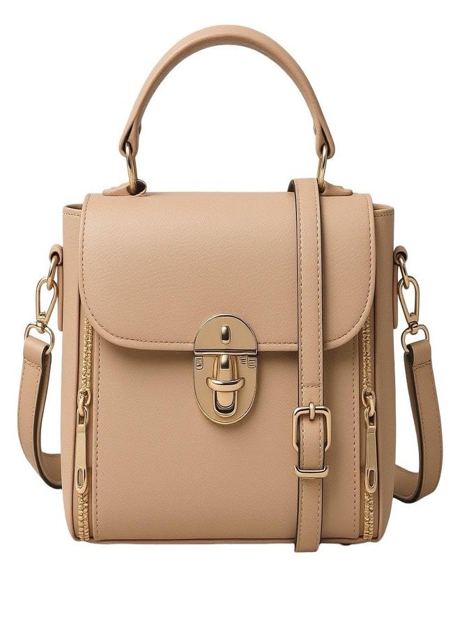 DAISY ROSE Women’s Stylish Faux Leather Crossbody Sling Bag with Adjustable Strap & Top Handle - Compact Shoulder Handbag with Front Zipper Pockets - Beige (Beige) - Image 1
